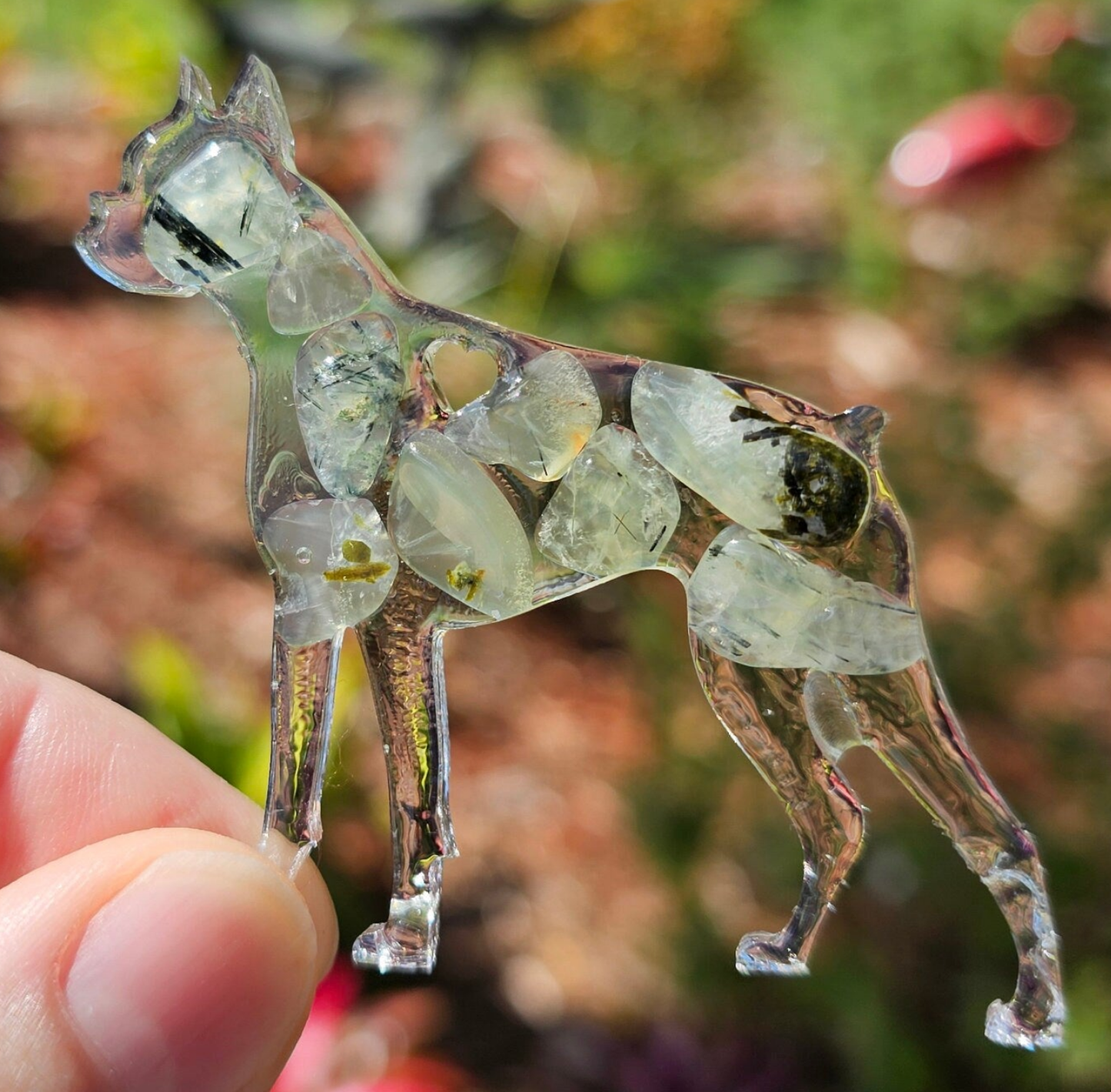 Boxer Dog Epoxy Resin Ornament with Natural Gemstones