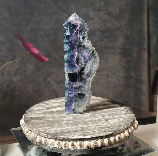 1 LB Rainbow Fluorite Slab Tower With Feather Inclusions & Druzy Live Edge Natural Stone
