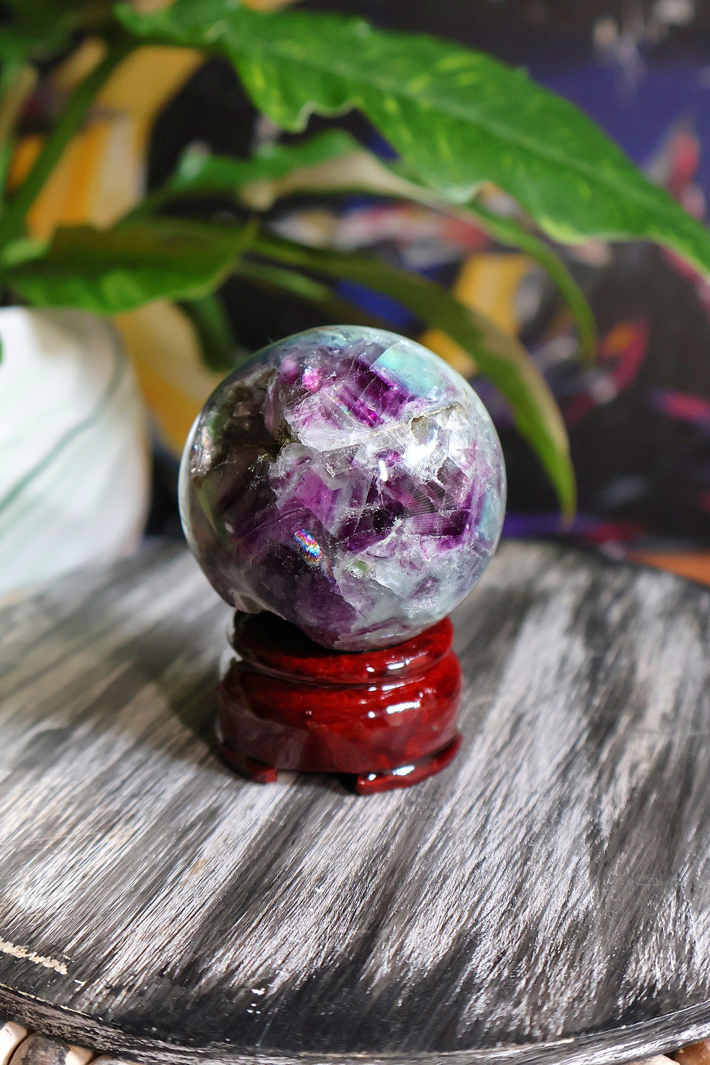 Hermosa esfera de fluorita arcoíris de pluma de 9 oz, piedra natural