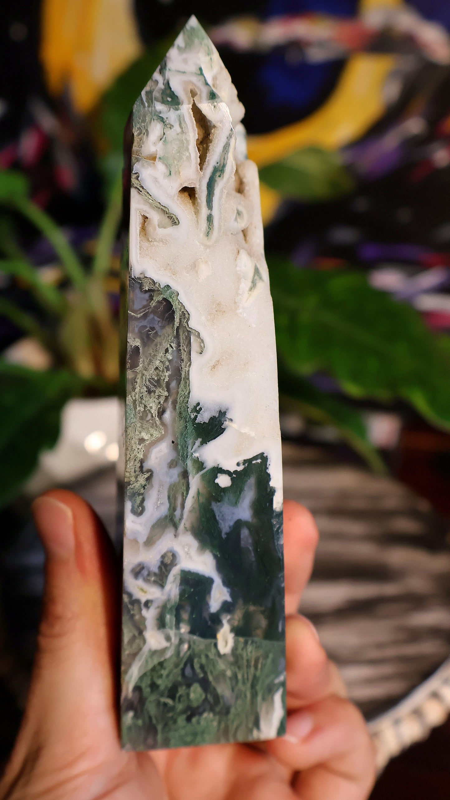 Torre de cristal drusa de ágata musgosa 14.6 oz Piedra natural