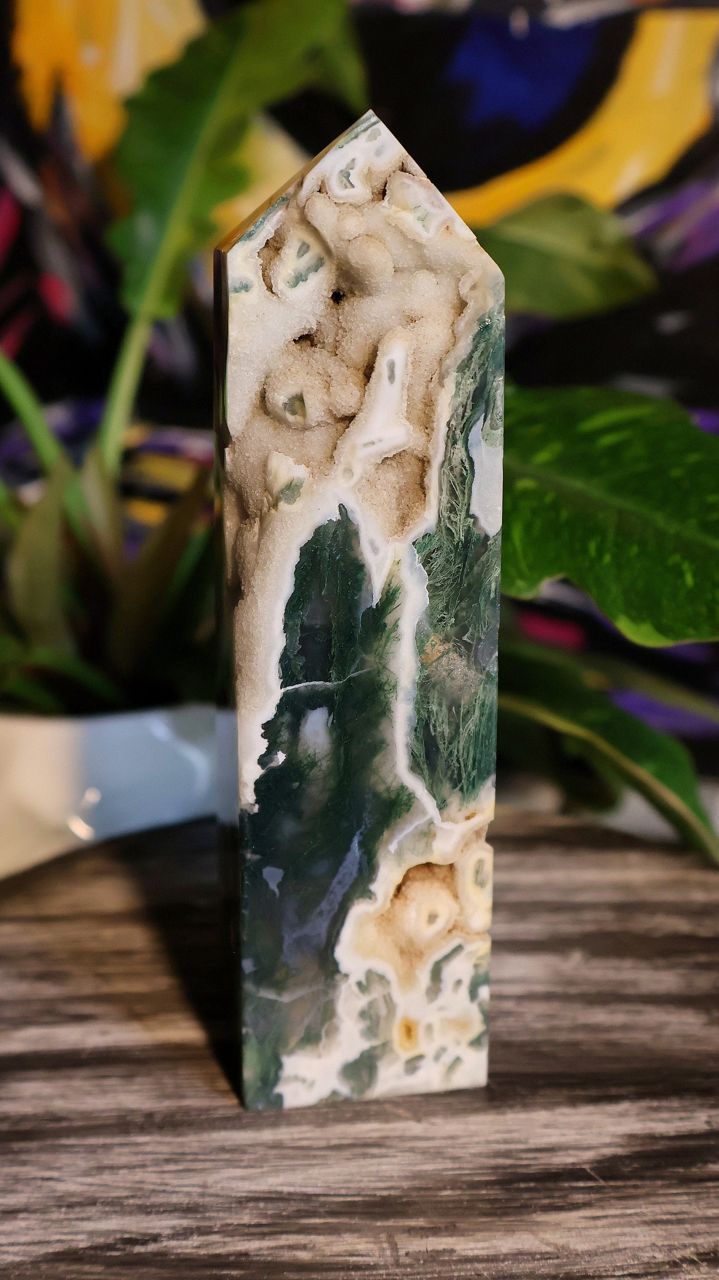 Torre de cristal drusa de ágata musgosa 14.6 oz Piedra natural