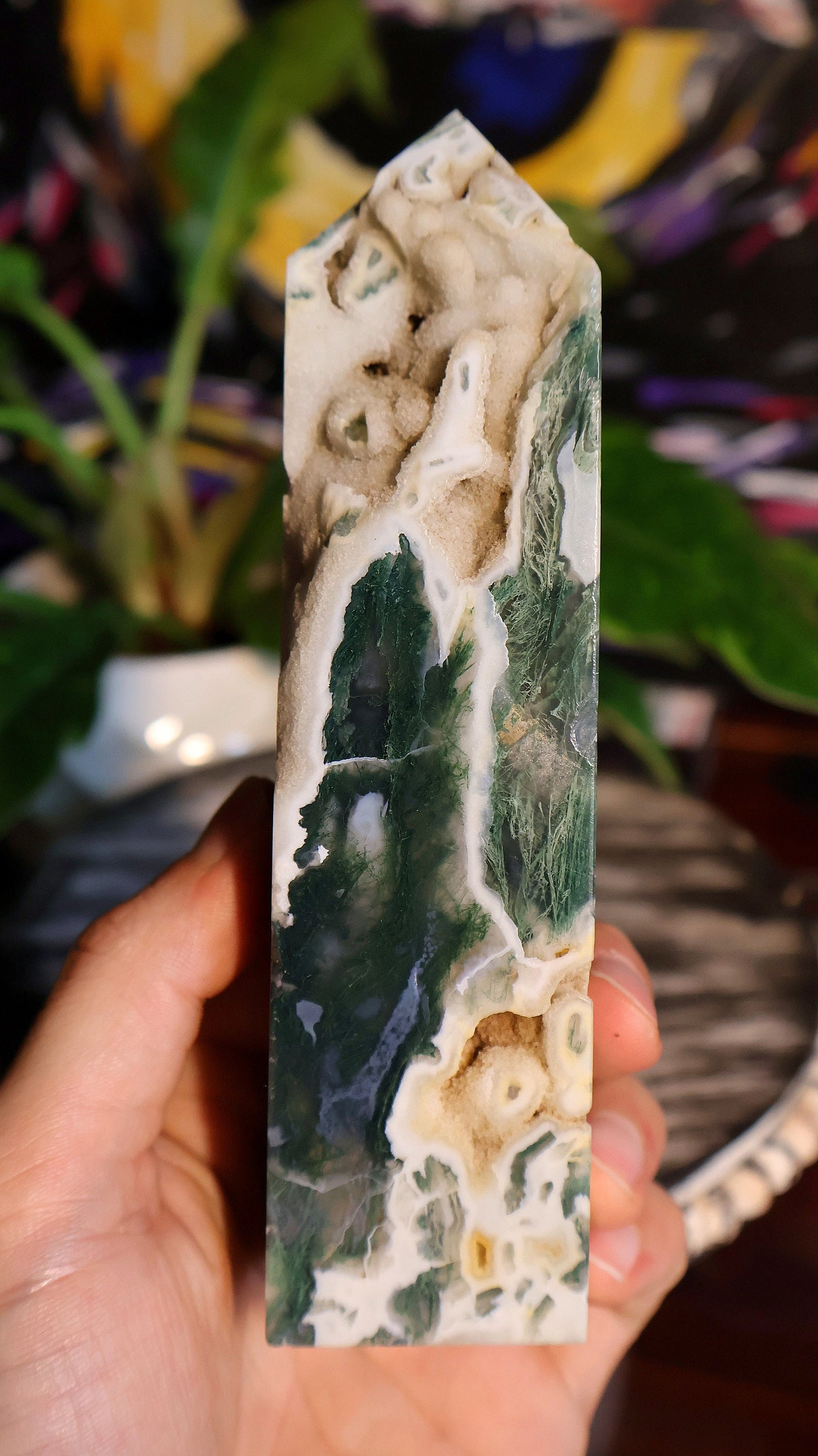 Torre de cristal drusa de ágata musgosa 14.6 oz Piedra natural