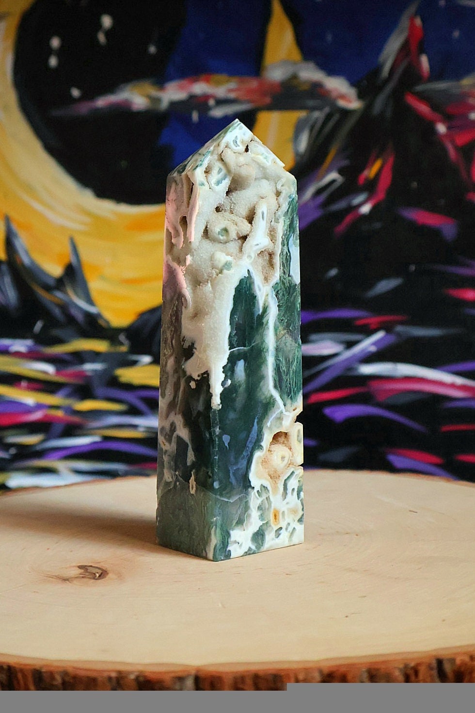 Torre de cristal drusa de ágata musgosa 14.6 oz Piedra natural
