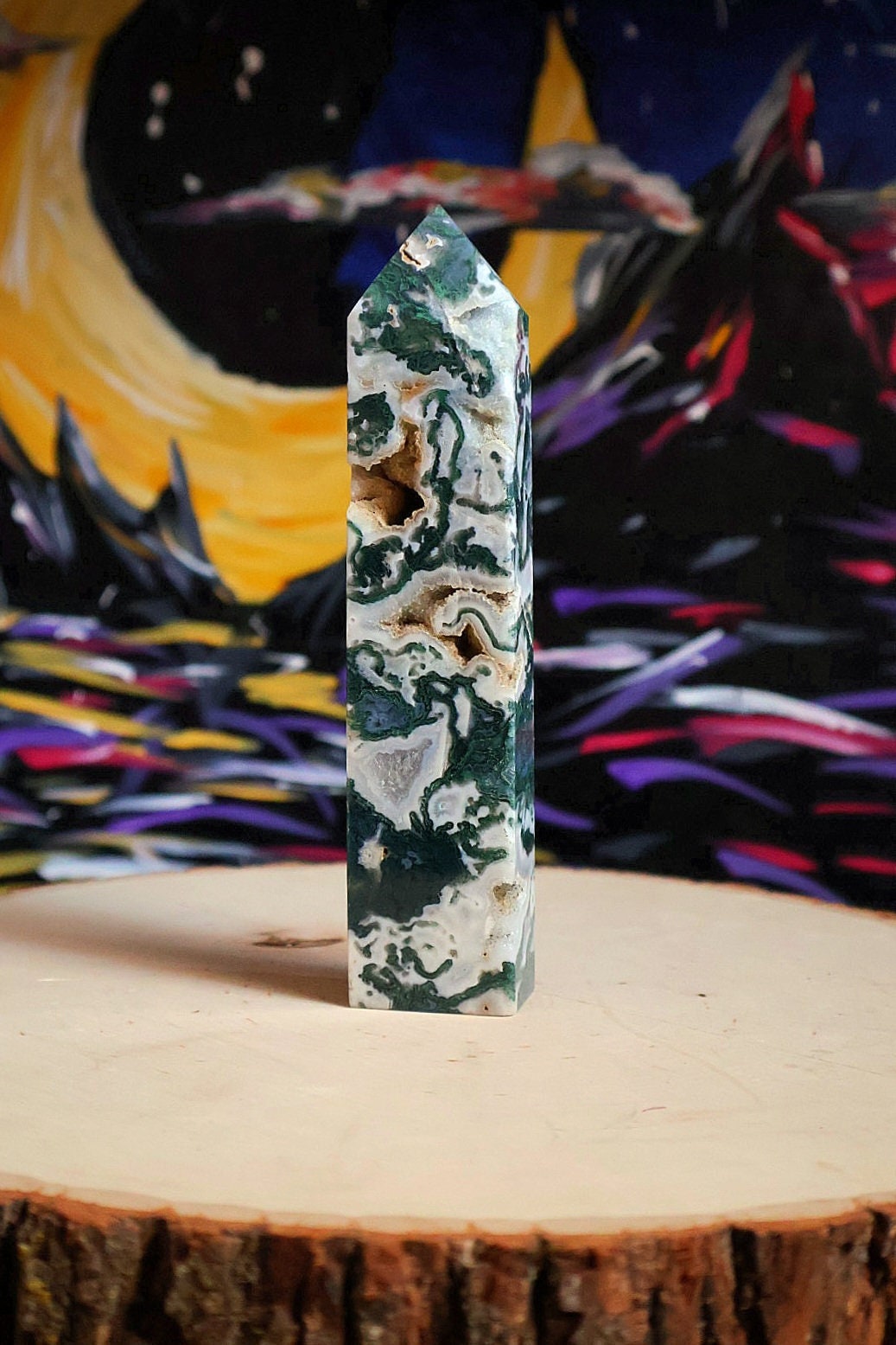 Torre de cristal drusa de ágata musgosa 9.5 oz Piedra natural