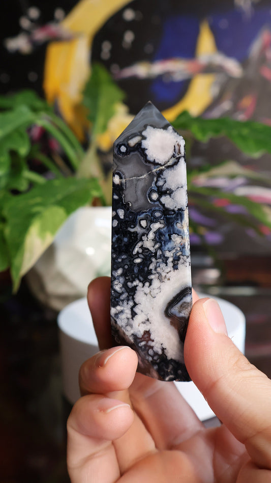 Black Flower Agate Crystal Tower 4.7 oz Natural Stone