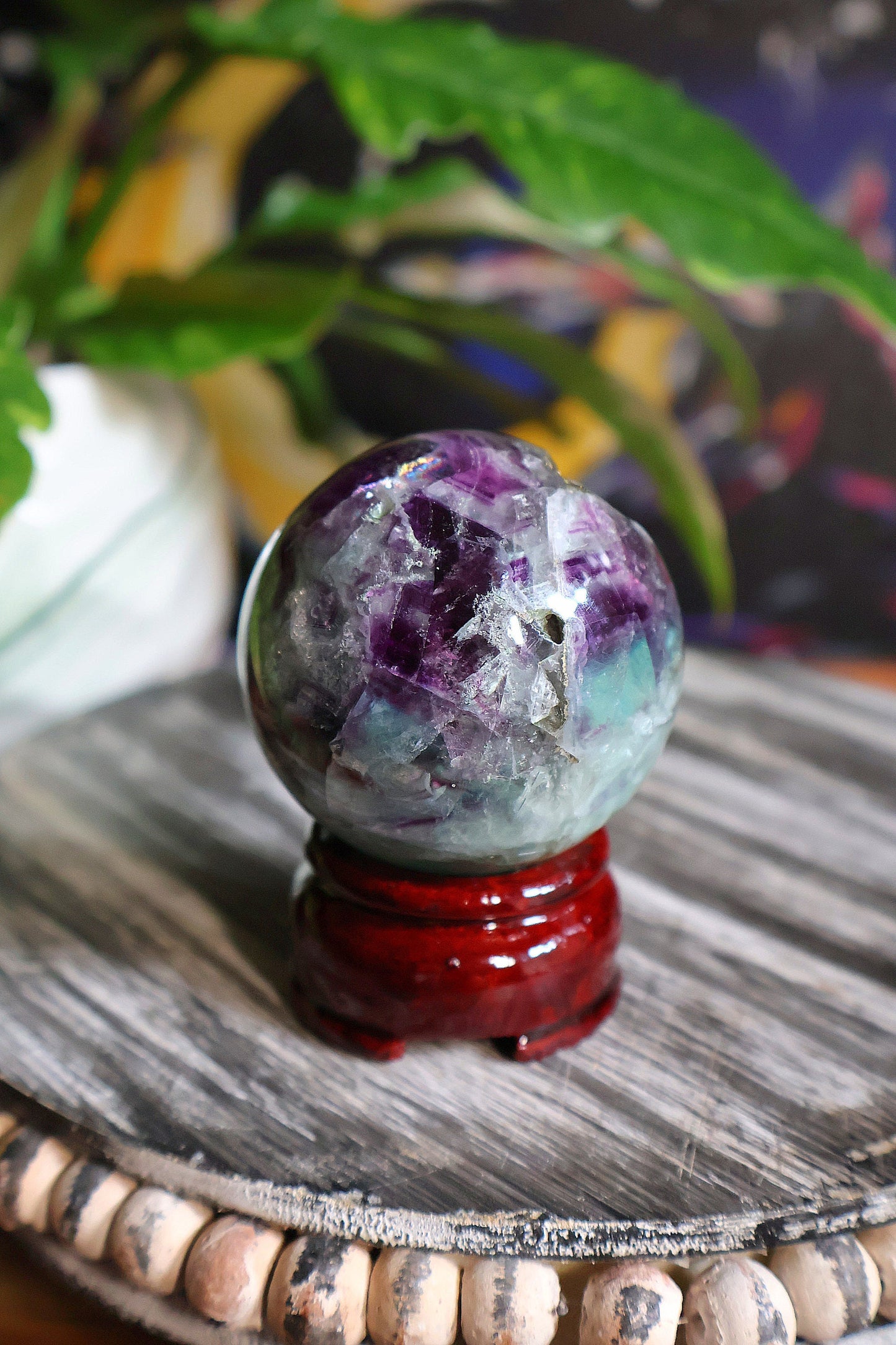 Hermosa esfera de fluorita arcoíris de pluma de 9 oz, piedra natural